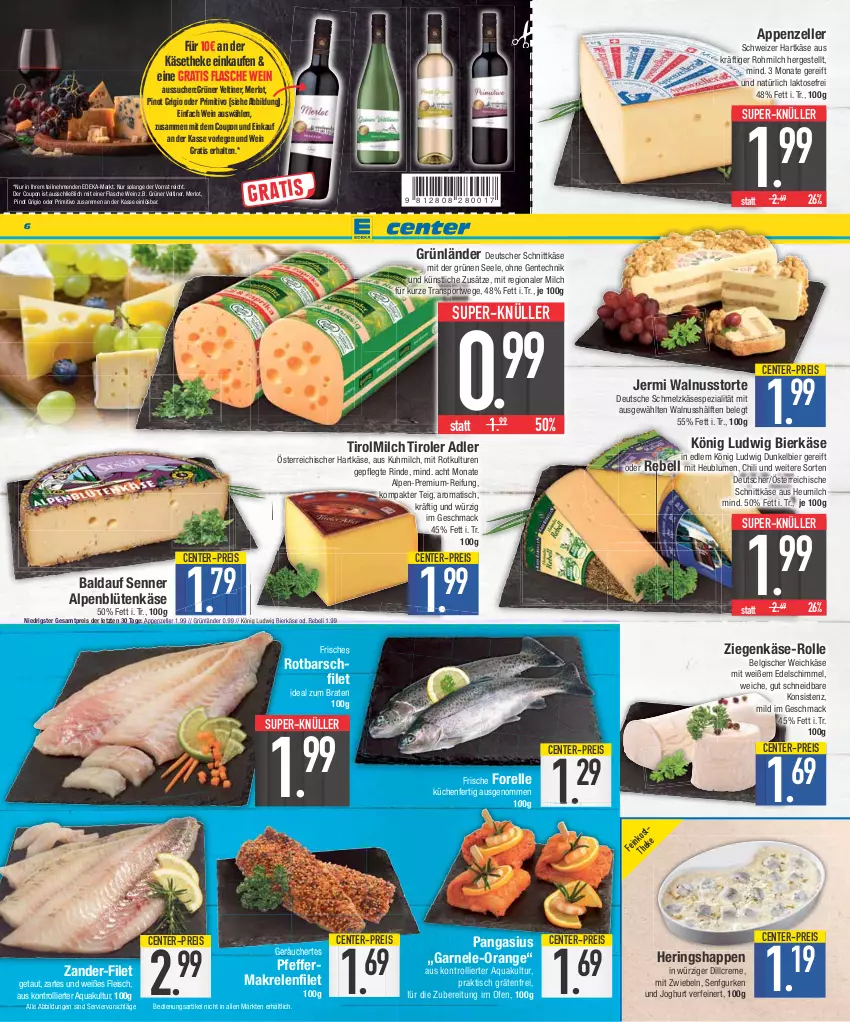 Aktueller Prospekt Edeka - Angebote der Woche - von 02.10 bis 07.10.2023 - strona 6 - produkty: appenzeller, aqua, bier, blume, blumen, Blüte, braten, chili, coupon, creme, deka, deutscher schnittkäse, Dunkelbier, eis, elle, ente, filet, flasche, fleisch, forelle, grünländer, gurke, gurken, hartkäse, hering, Herings, Heringshappen, Heu, heumilch, ideal zum braten, joghur, joghurt, Käse, käsetheke, küche, Küchen, LG, mac, Makrele, merl, merlot, milch, mit zwiebeln, nuss, Ofen, orange, Pangasius, pfeffer, Pinot, pinot grigio, primitivo, rebell, reis, rel, rind, ring, Rotbarsch, rotbarschfilet, Schmelzkäse, schnittkäse, schweizer hartkäse, senf, Spezi, Sport, super-knüller, Ti, tisch, torte, trolli, walnuss, weichkäse, wein, Zander, ziegenkäse, ZTE, zwiebel, zwiebeln