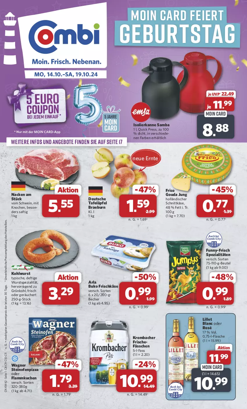 Aktueller Prospekt Combi - Prospekte - von 14.10 bis 19.10.2024 - strona 1 - produkty: angebot, angebote, arla, arla buko, Becher, beutel, Buko, eier, eis, elle, flammkuchen, flasche, frico, frischkäse, funny-frisch, gouda, gouda jung, holländischer schnittkäse, isolierkanne, Käse, krombache, krombacher, kuchen, lamm, lillet, Ofen, pizza, reis, saft, schnittkäse, schwein, Spezi, steinofen, tafeläpfel, teller, Ti, wagner, wein, wurst, ZTE