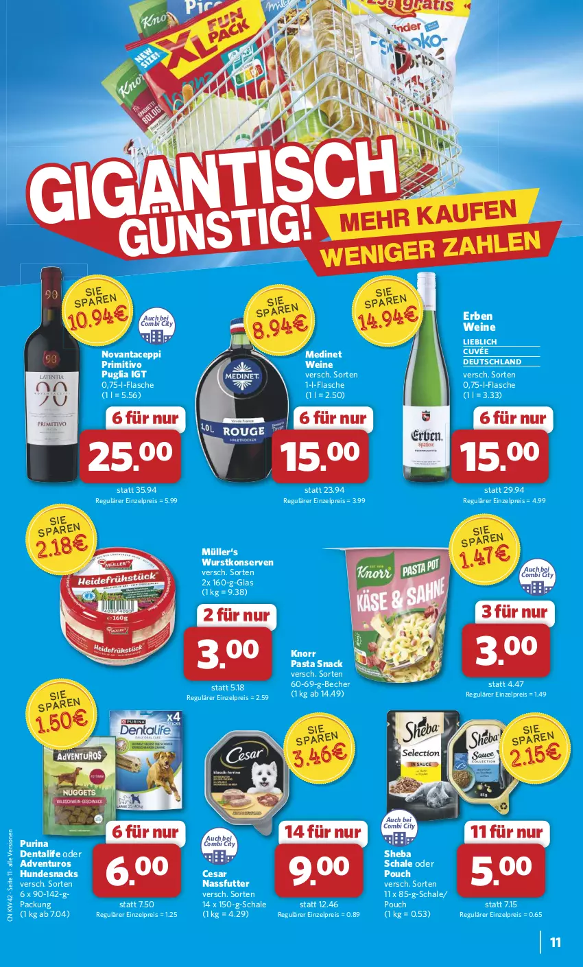 Aktueller Prospekt Combi - Prospekte - von 14.10 bis 19.10.2024 - strona 11 - produkty: adventuros, Becher, cuvée, eis, flasche, hundesnack, hundesnacks, knorr, knorr pasta, Konserven, medinet, Müller, nassfutter, pasta, pasta snack, primitivo, purina, reis, Schal, Schale, sheba, snack, snacks, Ti, wein, weine, wurst, wurstkonserven