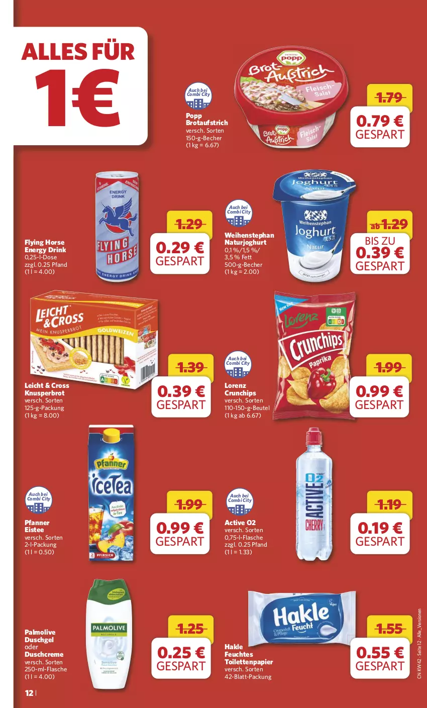 Aktueller Prospekt Combi - Prospekte - von 14.10 bis 19.10.2024 - strona 12 - produkty: aufstrich, Becher, beutel, brot, brotaufstrich, chips, creme, crunchips, drink, duschcreme, duschgel, eis, eistee, energy drink, feuchtes toilettenpapier, flasche, hakle, joghur, joghurt, lorenz, lorenz crunchips, natur, naturjoghurt, olive, palmolive, papier, pfanne, Pfanner, Popp, tee, Ti, toilettenpapier, weihenstephan