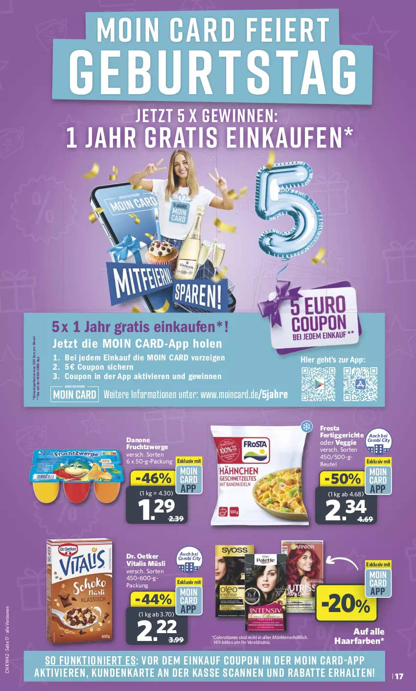 Aktueller Prospekt Combi - Prospekte - von 14.10 bis 19.10.2024 - strona 17 - produkty: beutel, Colorationen, coupon, danone, danone fruchtzwerge, Dr. Oetker, eier, fertiggericht, fertiggerichte, frosta, frucht, fruchtzwerge, müsli, Ti, veggie, vita, vitalis, vitalis müsli