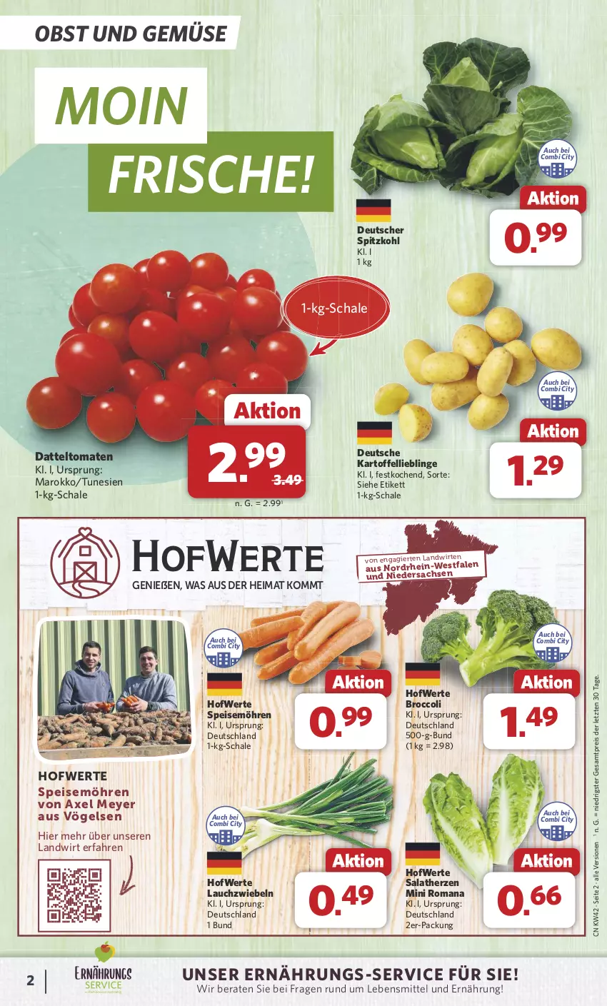 Aktueller Prospekt Combi - Prospekte - von 14.10 bis 19.10.2024 - strona 2 - produkty: axe, broccoli, datteltomaten, eis, kartoffel, Lauchzwiebel, lauchzwiebeln, lebensmittel, möhren, obst, Obst und Gemüse, reis, sac, salat, salatherzen, Schal, Schale, speisemöhren, spitzkohl, Ti, tomate, tomaten, und gemüse, ZTE, zwiebel, zwiebeln