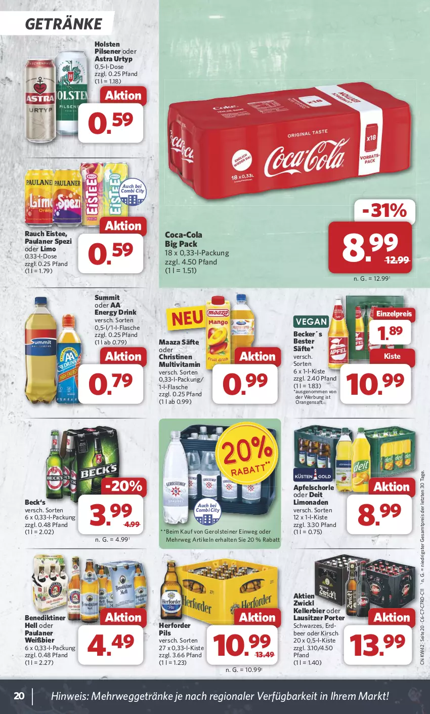 Aktueller Prospekt Combi - Prospekte - von 14.10 bis 19.10.2024 - strona 20 - produkty: apfel, Apfelschorle, Astra, Benediktiner, bier, coca-cola, cola, deit, drink, eis, eistee, elle, energy drink, flasche, gerolsteine, gerolsteiner, getränk, getränke, holsten, holsten pilsener, kellerbier, kirsch, limo, limonade, limonaden, orange, orangen, orangensaft, Paula, paulaner, pils, pilsener, Rauch, reis, rwe, saft, säfte, schorle, Spezi, steiner, tee, Ti, urtyp, vita, WICK, ZTE