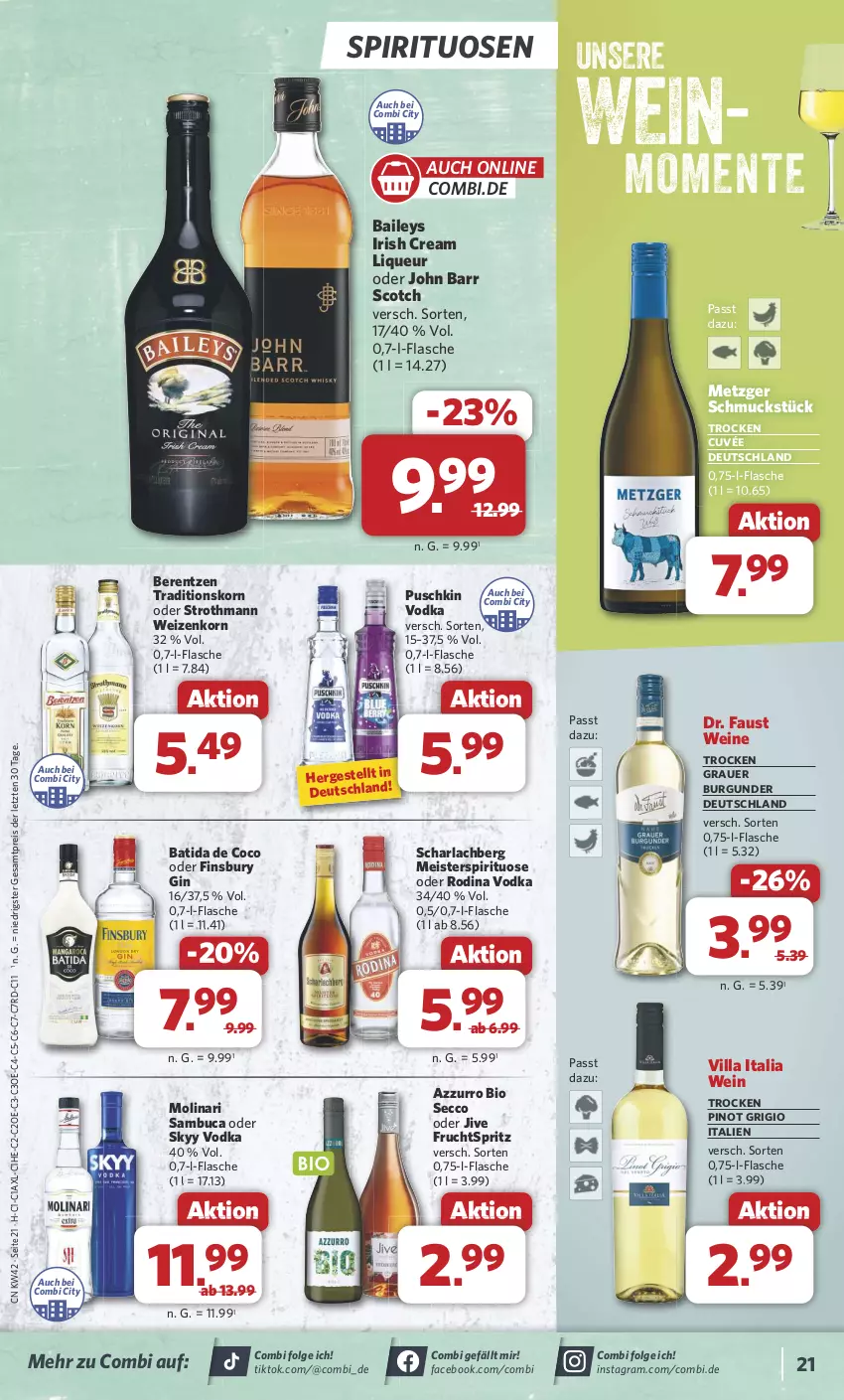 Aktueller Prospekt Combi - Prospekte - von 14.10 bis 19.10.2024 - strona 21 - produkty: arla, auer, aust, baileys, batida, berentzen, bio, burgunder, cuvée, ecco, eis, ente, finsbury, flasche, frucht, gin, grauer burgunder, irish cream, John Barr, korn, LG, liqueur, Meister, Molinari, Pinot, pinot grigio, puschkin vodka, reis, sambuca, Schmuck, scotch, skyy, Skyy Vodka, spirituosen, Ti, vodka, wein, weine, weizenkorn, ZTE