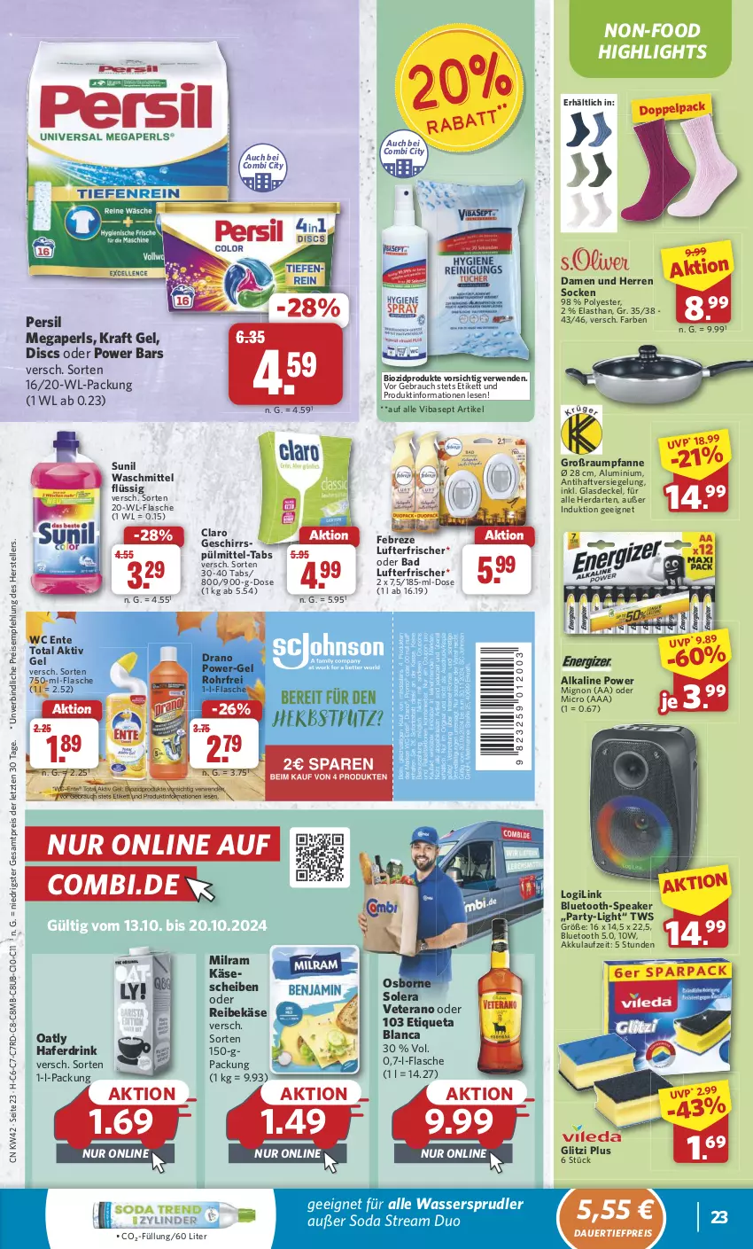 Aktueller Prospekt Combi - Prospekte - von 14.10 bis 19.10.2024 - strona 23 - produkty: akku, aktiv gel, auer, Bad, bio, biozidprodukte, dauertiefpreis, decke, Deckel, drink, eis, elle, ente, Etiqueta Blanca, febreze, flasche, geschirr, Glasdeckel, hafer, Haferdrink, herdarten, Käse, käsescheiben, kraft, lufterfrischer, megaperls, milram, osborne, persil, pfanne, Rauch, Reibekäse, reis, rwe, socken, Soda, sunil, teller, Ti, tiefpreis, veterano, waschmittel, wasser, wassersprudler, wc ente, ZTE