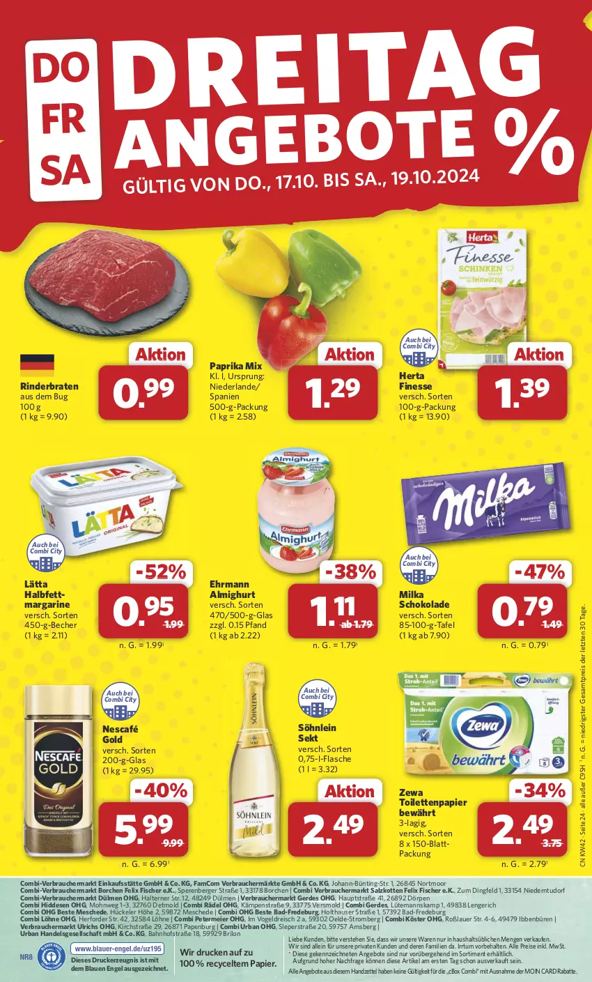 Aktueller Prospekt Combi - Prospekte - von 14.10 bis 19.10.2024 - strona 24 - produkty: aeg, almighur, almighurt, angebot, angebote, auer, Bad, Becher, Berger, braten, drucker, ehrmann, ehrmann almighurt, eier, eis, Engel, erde, felix, finesse, fisch, fische, Fischer, flasche, herta, herta finesse, kerze, lätta, margarine, milka, milka schokolade, Nescafé, nescafé gold, papier, paprika, paprika mix, Rauch, reis, rind, rinder, rinderbraten, salz, schoko, schokolade, sekt, söhnlein, Ti, toilettenpapier, zewa, ZTE