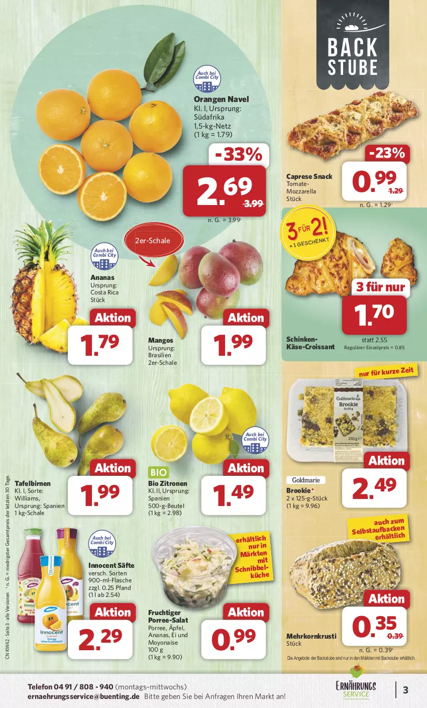 Aktueller Prospekt Combi - Prospekte - von 14.10 bis 19.10.2024 - strona 3 - produkty: ananas, angebot, angebote, beutel, bio, Birnen, Cap, Croissant, eis, flasche, frucht, Innocent, Käse, korn, küche, mango, mangos, mozzarella, orange, orangen, reis, rel, säfte, salat, Schal, Schale, schinken, snack, stube, tafelbirnen, telefon, Ti, tomate, Yo, zitrone, zitronen, ZTE