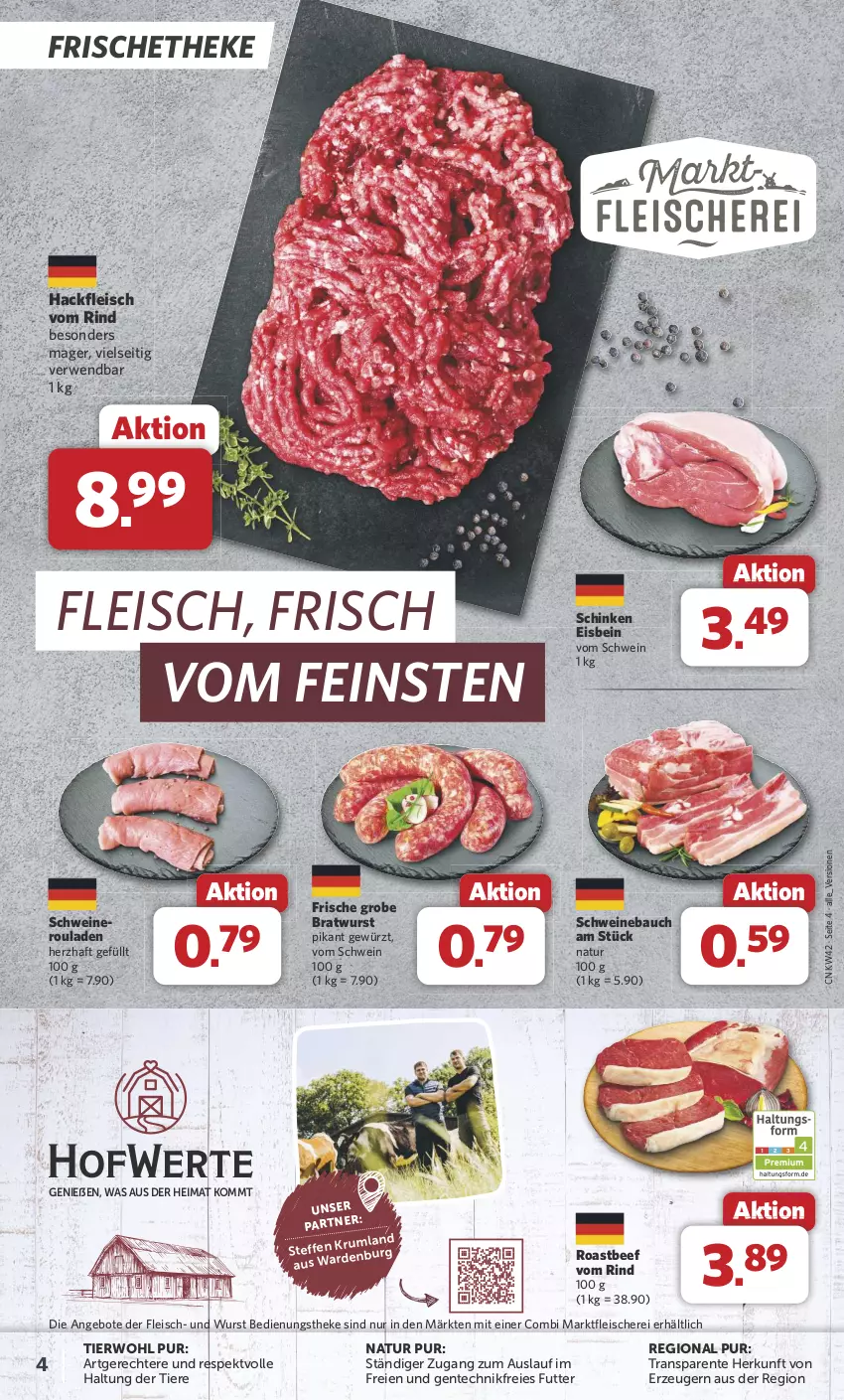 Aktueller Prospekt Combi - Prospekte - von 14.10 bis 19.10.2024 - strona 4 - produkty: angebot, angebote, Bau, beef, bratwurst, eis, ente, fleisch, Fleischerei, gewürz, grobe bratwurst, hackfleisch, natur, rind, roastbeef, rouladen, rum, rwe, Schere, schinken, schwein, schweine, Schweinebauch, Ti, Tiere, wein, weine, wurst