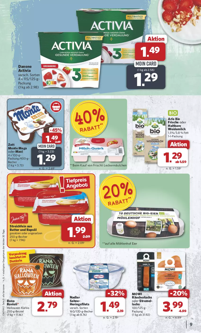 Aktueller Prospekt Combi - Prospekte - von 14.10 bis 19.10.2024 - strona 9 - produkty: activia, arla, Becher, beutel, bio, butter, danone, danone activia, eier, eis, filet, filets, frischli, hering, Herings, heringsfilets, Kürbis, lachs, leckermäulchen, Leuchte, milch, monte, nadler, Rana, rapsöl, Räucherlachs, ravioli, reis, ring, sahne, salz, Ti, weidemilch, zott, Zott Monte, ZTE