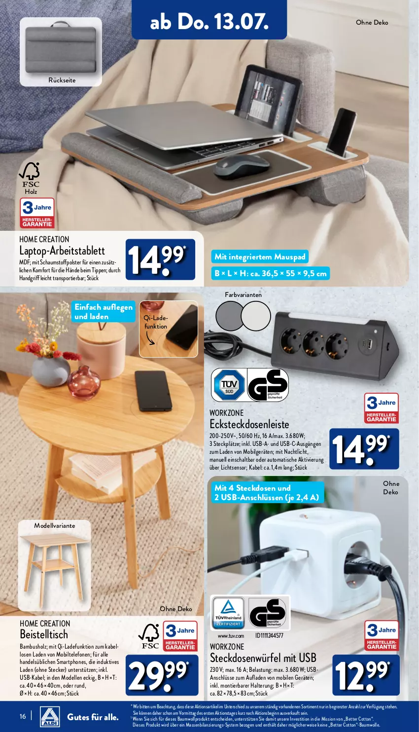 Aktueller Prospekt Aldi Nord - Von Montag - von 10.07 bis 15.07.2023 - strona 16 - produkty: auto, bambus, Bau, baumwolle, beistelltisch, bett, dell, eis, elle, gin, Holz, Laptop, LG, Maus, Mobiltelefone, Mode, Nachtlicht, Ria, rwe, Schal, smartphone, smartphones, Sport, steckdose, Steckdosenleiste, tablet, tablett, telefon, Ti, tisch, usb, wolle, würfel, ZTE