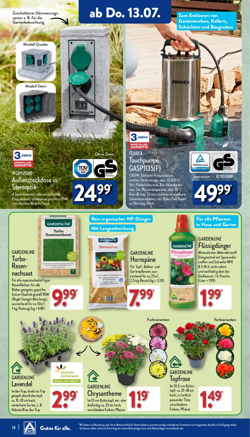 Aktueller Prospekt Aldi Nord - Von Montag - von 10.07 bis 15.07.2023 - strona 18 - produkty: Bau, beleuchtung, beutel, Blüte, Brei, decke, Deckel, dell, dünger, edelstahl, elle, ente, ferrex, flasche, flüssigdünger, Garten, Gartenpflanze, gin, HP, korn, kulturtopf, lavendel, Mode, pflanze, pflanzen, quad, rasen, Ria, Schal, senf, steckdose, Ti, topf, Tüte, wasser, ZTE