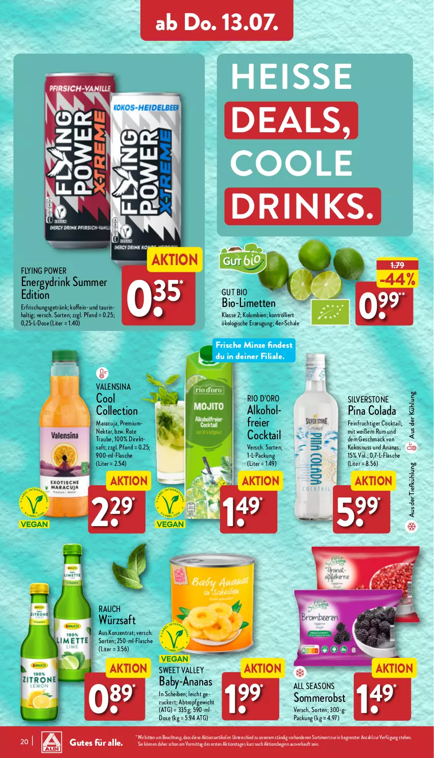 Aktueller Prospekt Aldi Nord - Von Montag - von 10.07 bis 15.07.2023 - strona 20 - produkty: alkohol, ananas, aus der tiefkühlung, bio, cocktail, cola, drink, drinks, eier, eis, erfrischungsgetränk, flasche, frucht, getränk, gin, kokos, kokosnuss, limette, limetten, mac, maracuja, Mett, metten, minze, Nektar, nuss, obst, Rauch, rum, saft, Schal, Schale, Ti, trolli, valensina, ZTE, zucker