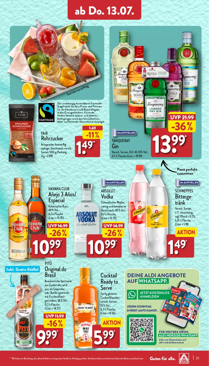 Aktueller Prospekt Aldi Nord - Von Montag - von 10.07 bis 15.07.2023 - strona 21 - produkty: aldi, angebot, angebote, auer, batida, Bau, Bauer, caipirinha, cocktail, eis, elle, flasche, frucht, fruchtsäfte, gin, Handy, Havana Club, karamell, mac, malz, mit frucht, reis, rohrzucker, rum, säfte, schweppes, Tanqueray, teller, Ti, trolli, vodka, wodka, ZTE, zucker