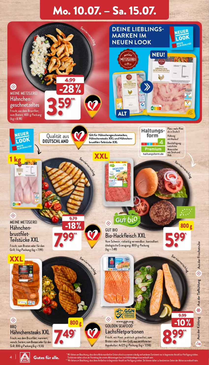 Aktueller Prospekt Aldi Nord - Von Montag - von 10.07 bis 15.07.2023 - strona 4 - produkty: aqua, aus der tiefkühlung, bio, Bio-Hackfleisch, braten, brustfilet, eis, filet, fleisch, geschnetzeltes, gin, grill, hackfleisch, Hähnchengeschnetzeltes, Hähnchensteak, hähnchensteaks, Holz, lachs, lachsfilet, Ria, rwe, schwein, steak, steaks, Ti, tisch, trolli, wein, Zelt, ZTE