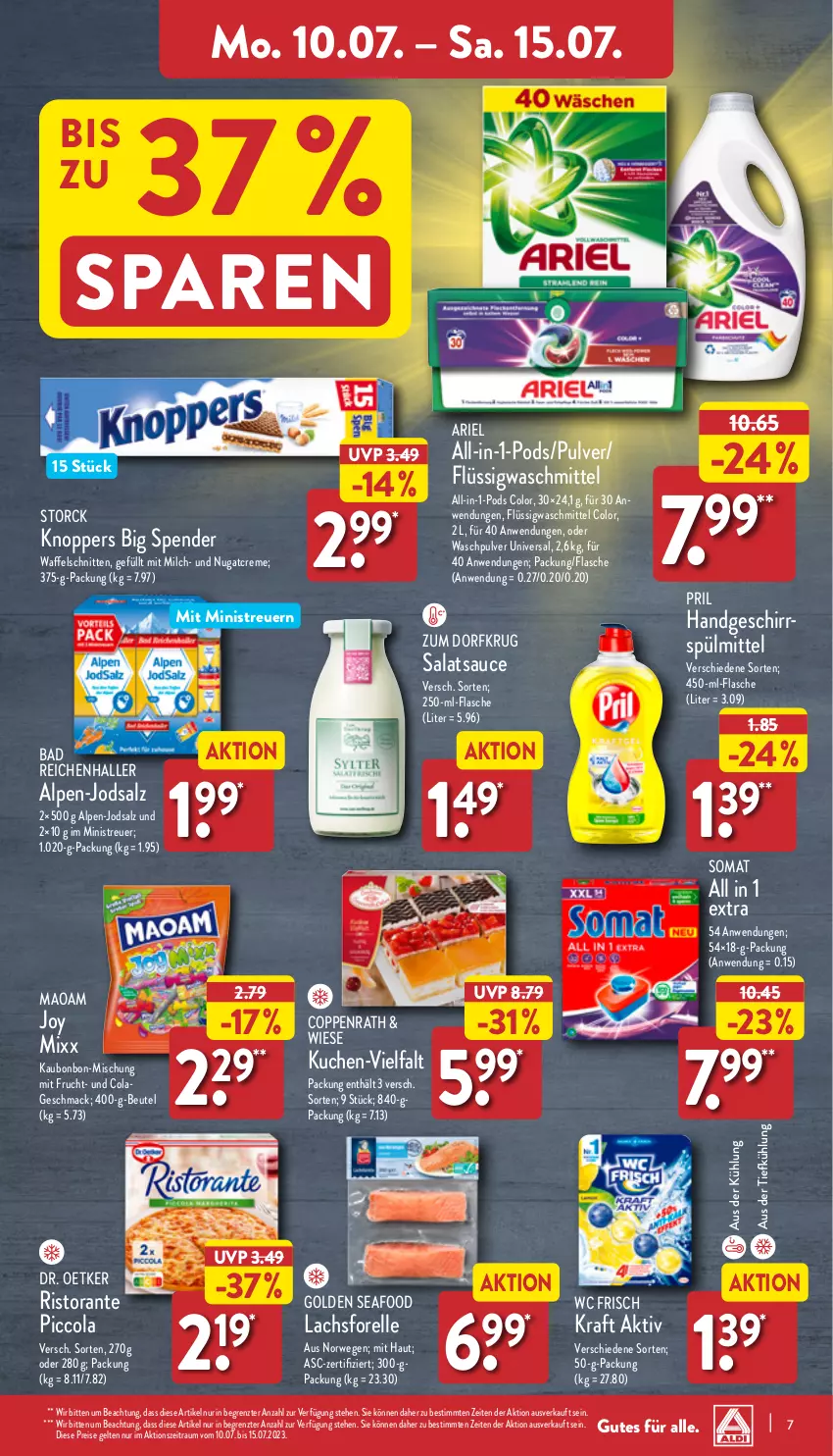 Aktueller Prospekt Aldi Nord - Von Montag - von 10.07 bis 15.07.2023 - strona 7 - produkty: ariel, aus der tiefkühlung, Bad, beutel, cola, creme, Dr. Oetker, eis, elle, flasche, forelle, frucht, geschirr, knoppers, kraft, kuchen, lachs, mac, maoam, milch, mit frucht, Pods, pril, reis, rel, ristorante, rwe, salat, salatsauce, salz, sauce, schnitten, somat, spülmittel, storck, Ti, Waffelschnitte, waschmittel, wc frisch, WC Frisch Kraft Aktiv, ZTE, Zum Dorfkrug