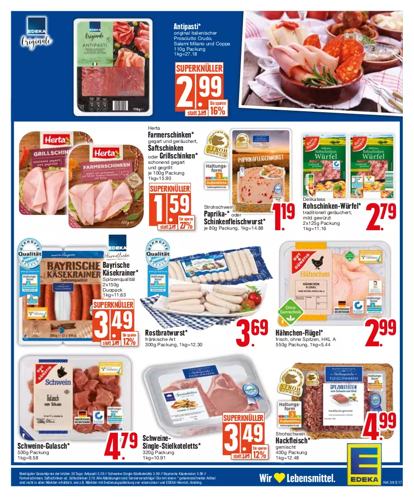 Aktueller Prospekt Edeka - Angebote der Woche - von 25.09 bis 30.09.2023 - strona 17 - produkty: Abtei, antipasti, asti, bratwurst, deka, eis, farmerschinken, fleisch, fleischwurst, gewürz, gin, grill, gulasch, hackfleisch, herta, Käse, Käsekrainer, kotelett, paprika, prosciutto, prosciutto crudo, reis, rohschinken, rostbratwurst, saft, saftschinken, salami, schinken, Schinken-Würfel, schinkenfleischwurst, schwein, schweine, spitzenqualität, Ti, wein, weine, würfel, wurst, ZTE