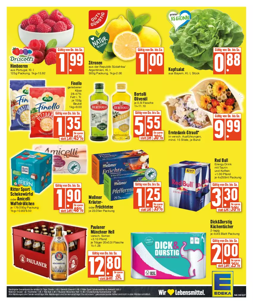 Aktueller Prospekt Edeka - Angebote der Woche - von 25.09 bis 30.09.2023 - strona 27 - produkty: amicelli, beere, beeren, bertolli, beutel, drink, eis, energy drink, finello, flasche, früchte, Früchtetee, himbeer, himbeere, himbeeren, Käse, kopfsalat, kräuter, küche, Küchen, küchentücher, Meßmer, olive, oliven, olivenöl, Paula, paulaner, red bull, reis, ritter, ritter sport, salat, schoko, schokowürfel, Sport, tee, Ti, tücher, Waffelröllchen, würfel, zitrone, zitronen, ZTE