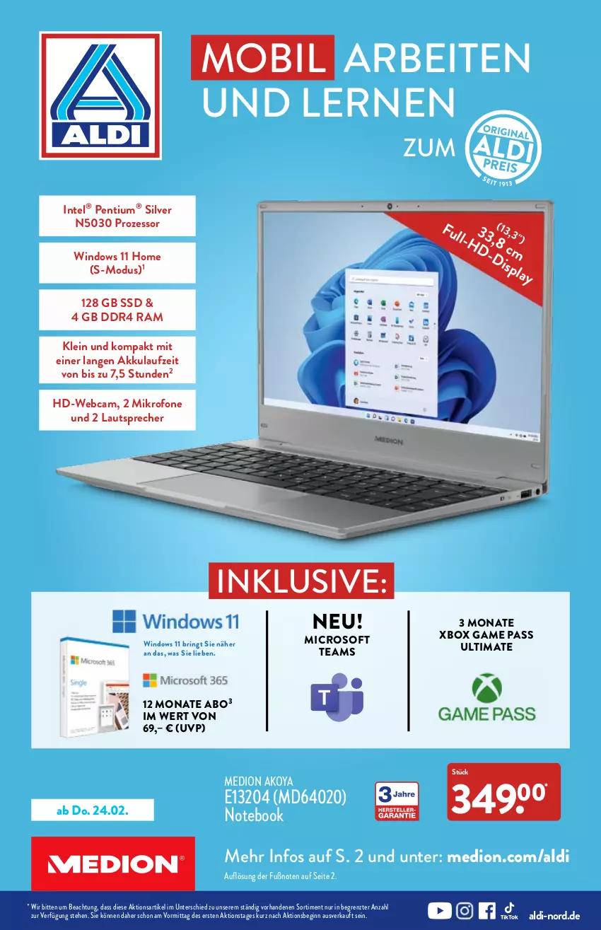 Aktueller Prospekt Aldi Nord - Multimedia - von 24.02 bis 26.02.2022 - strona 1 - produkty: akku, aldi, gin, Intel, lautsprecher, medion, Medion Akoya, notebook, Pentium, ring, ssd, Ti, Xbox, ZTE