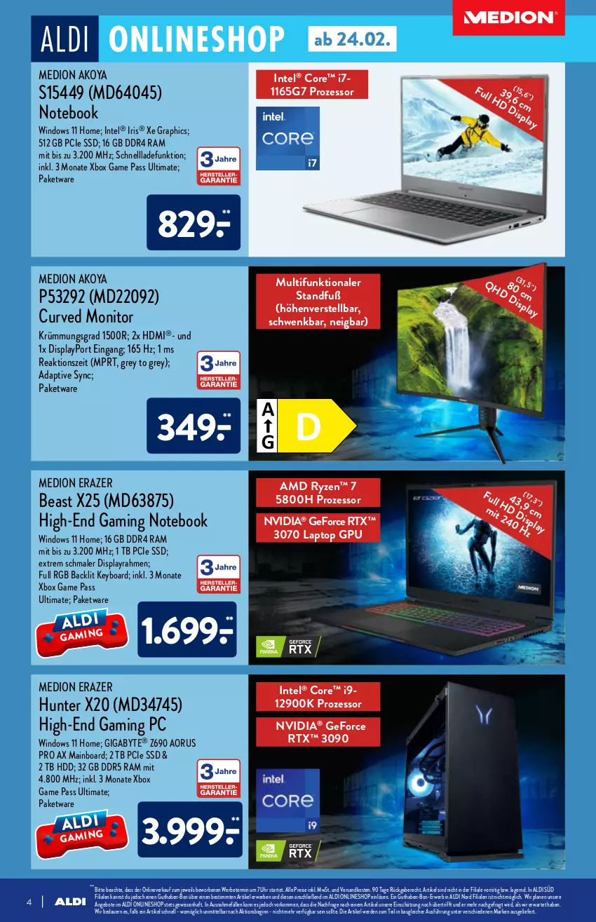 Aktueller Prospekt Aldi Nord - Multimedia - von 24.02 bis 26.02.2022 - strona 4 - produkty: aldi, angebot, angebote, auer, Bau, eis, erde, gaming notebook, Gaming PC, geforce, gin, HDD, HDMI, Intel, Laptop, medion, Medion Akoya, monitor, ndk, notebook, nvidia, Razer, reis, rtx, rwe, ryzen, schnellladefunktion, ssd, Ti, uhr, Xbox