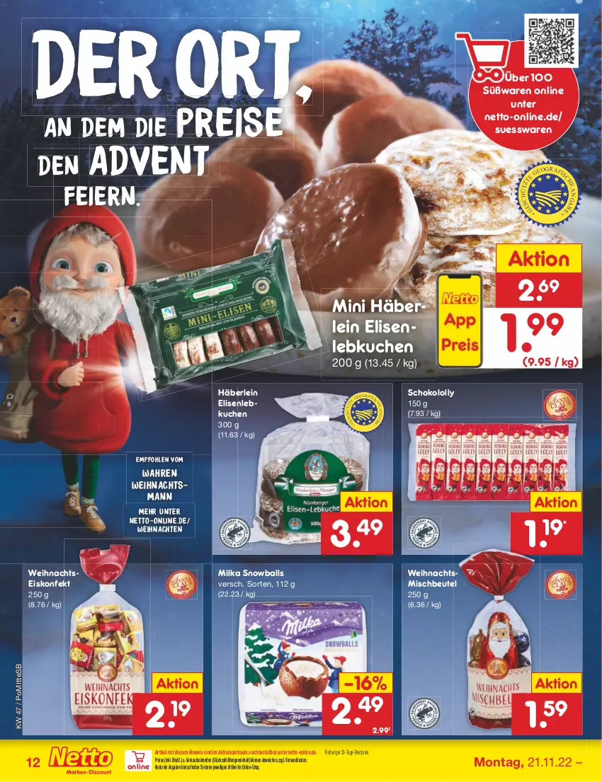 Aktueller Prospekt Netto Marken-Discount - Filial-Angebote - von 21.11 bis 26.11.2022 - strona 12 - produkty: ball, bestpreis, beutel, eier, eis, eiskonfekt, kuchen, Lebkuchen, milka, ndk, reis, schoko, Ti, weihnachten, xmas, ZTE