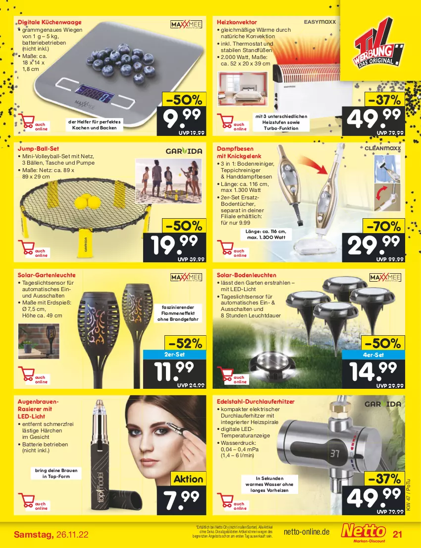 Aktueller Prospekt Netto Marken-Discount - Filial-Angebote - von 21.11 bis 26.11.2022 - strona 21 - produkty: angebot, auer, auto, ball, batterie, Bodentücher, edelstahl, Garten, küche, Küchen, Küchenwaage, lamm, led-licht, Leuchte, leuchten, rasierer, reiniger, ring, Schal, Tasche, teppich, thermostat, Ti, tisch, tücher, Waage, wasser, ZTE