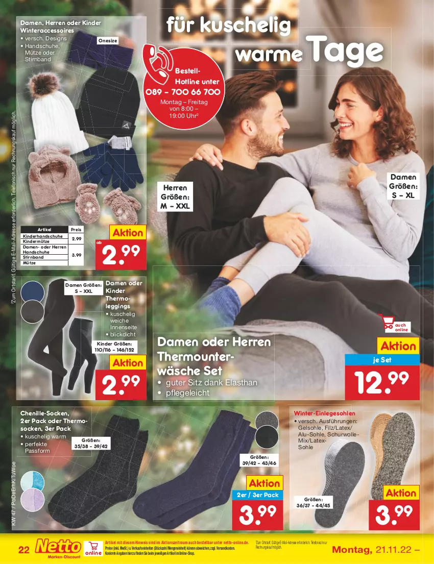 Aktueller Prospekt Netto Marken-Discount - Filial-Angebote - von 21.11 bis 26.11.2022 - strona 22 - produkty: ACC, accessoires, eis, gin, handschuhe, Kinder, leggings, Mütze, ndk, reis, schuhe, socken, telefon, Thermoleggings, Thermounterwäsche, Ti, uhr, Unterwäsche, wolle