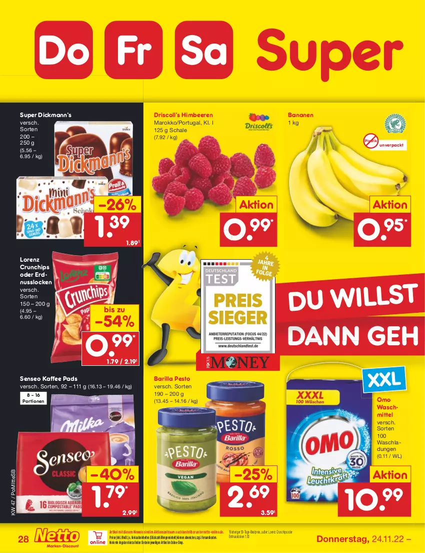 Aktueller Prospekt Netto Marken-Discount - Filial-Angebote - von 21.11 bis 26.11.2022 - strona 28 - produkty: asti, banane, bananen, barilla, beere, beeren, bestpreis, chips, crunchips, eis, erdnuss, himbeer, himbeere, himbeeren, kaffee, lorenz, lorenz crunchips, ndk, nuss, pesto, reis, Schal, Schale, senseo, Ti, waschmittel