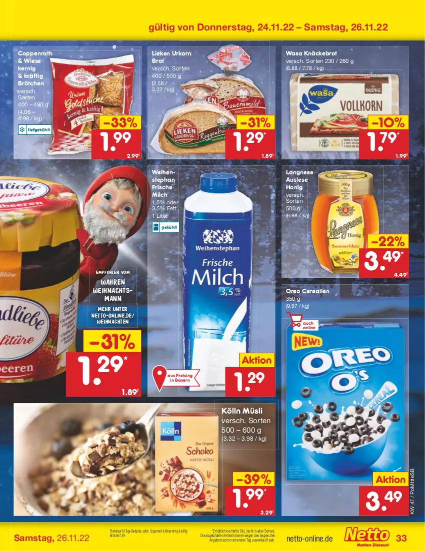 Aktueller Prospekt Netto Marken-Discount - Filial-Angebote - von 21.11 bis 26.11.2022 - strona 33 - produkty: angebot, bestpreis, brot, brötchen, cerealien, coppenrath, eis, frische milch, honig, knäckebrot, kölln, korn, langnese, lieken, milch, müsli, oreo, reis, rezept, Ti, urkorn, wasa, weihenstephan, weihnachten, ZTE