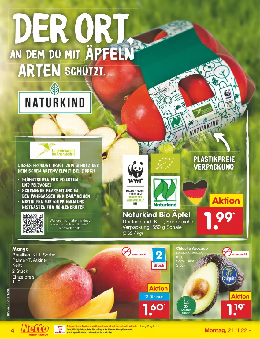 Aktueller Prospekt Netto Marken-Discount - Filial-Angebote - von 21.11 bis 26.11.2022 - strona 4 - produkty: asti, avocado, Bau, bestpreis, bio, chiquita, eis, mango, natur, ndk, reifen, reis, Schal, Schale, sekt, Ti, Wild