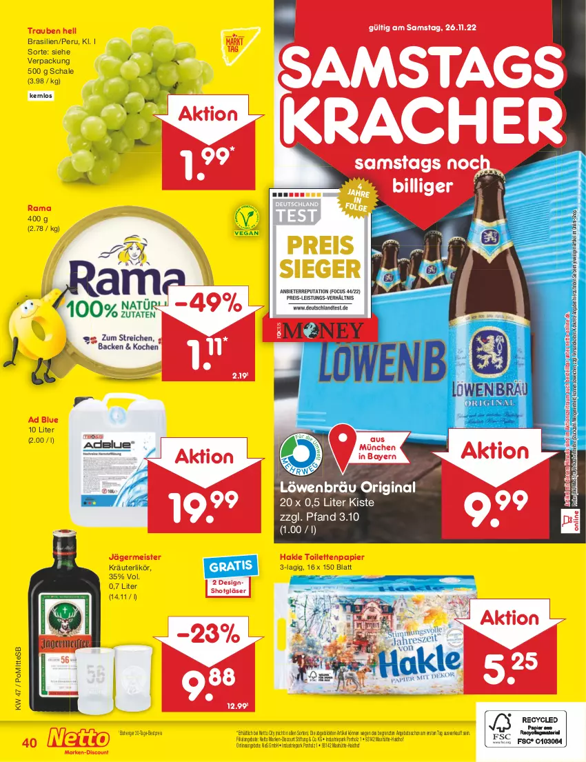 Aktueller Prospekt Netto Marken-Discount - Filial-Angebote - von 21.11 bis 26.11.2022 - strona 40 - produkty: angebot, angebote, bestpreis, discount, eis, Germ, gin, Gläser, hakle, hakle toilettenpapier, Holz, jägermeister, kracher, kräuter, kräuterlikör, likör, marken-discount, Meister, ndk, papier, rama, reis, Schal, Schale, Ti, toilettenpapier, trauben, ZTE