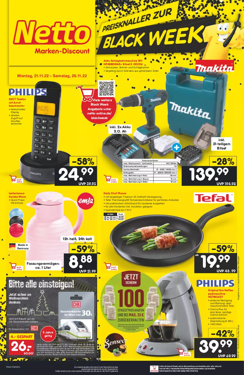 Aktueller Prospekt Netto Marken-Discount - Filial-Angebote - von 21.11 bis 26.11.2022 - strona 41 - produkty: akku, an weihnachten, angebot, angebote, auer, auto, backofen, bestpreis, Bitset, black week, braten, buch, eis, ente, Germ, gin, herdarten, Holz, HP, isolierkanne, kaffee, lack, Leuchte, ndk, Ofen, pfanne, Reinigung, reis, rind, Schal, schlagbohrmaschine, schrauben, Signal, spülmaschinen, tefal, telefon, Ti, tisch, weihnachten, ZTE