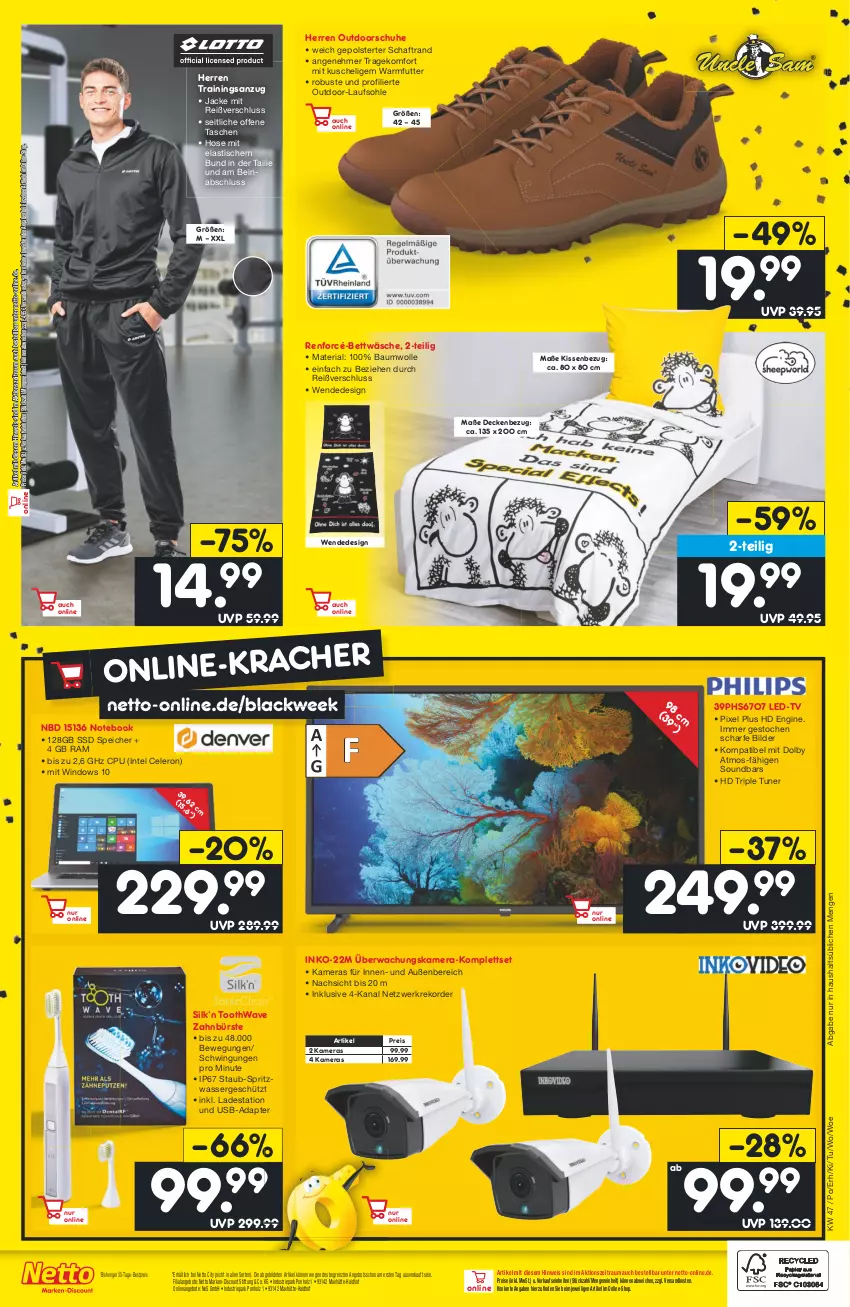 Aktueller Prospekt Netto Marken-Discount - Filial-Angebote - von 21.11 bis 26.11.2022 - strona 42 - produkty: adapter, angebot, angebote, Anzug, asti, Bau, baumwolle, bestpreis, bett, bettwäsche, bürste, celeron, decke, discount, eis, gin, hd triple tuner, Holz, hose, Intel, Jacke, kamera, Kameras, kissen, Kissenbezug, lack, marken-discount, ndk, notebook, reis, renforcé-bettwäsche, Ria, schuhe, soundbar, ssd, Tasche, taschen, Ti, tisch, trainingsanzug, tuner, usb, wasser, wolle, zahnbürste, ZTE