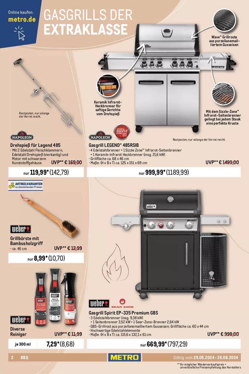 Aktueller Prospekt Metro - Grill & Outdoor - von 29.05 bis 26.06.2024 - strona 2 - produkty: bambus, batterie, bürste, decke, Deckel, edelstahl, eis, elle, ente, fleisch, garnitur, gasgrill, grill, grillfläche, Grillpfanne, grillrost, Holz, Klammern, Kocher, lamm, latte, Metro, pfanne, reiniger, reis, rwe, saft, Schrank, schubladen, steak, teller, thermometer, Ti, topf, wok