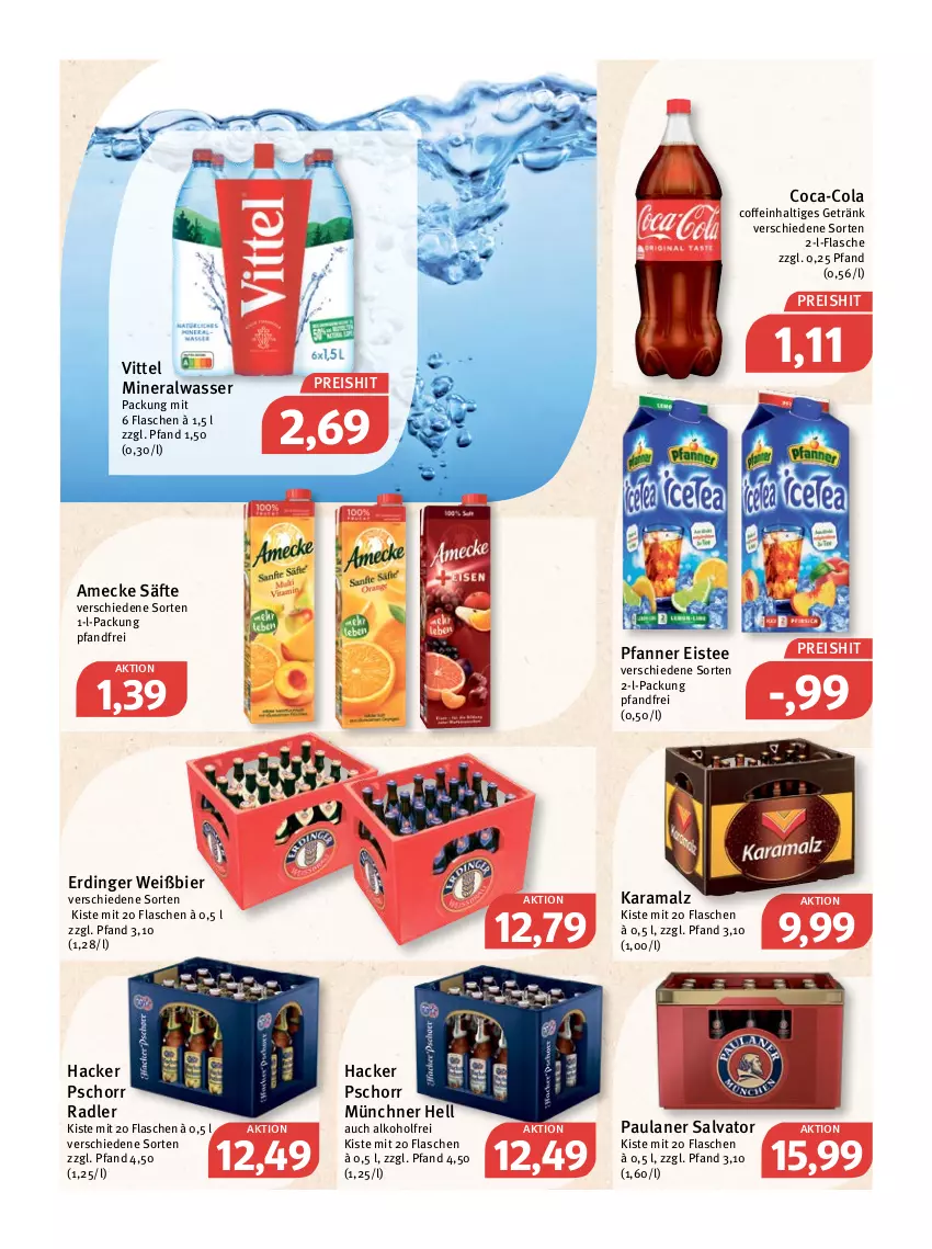 Aktueller Prospekt Feneberg - Prospekte - von 10.03 bis 12.03.2022 - strona 15 - produkty: alkohol, Alwa, amecke, bier, coca-cola, coffein, cola, eis, eistee, erdinger, flasche, getränk, hacker pschorr, karamalz, malz, mineralwasser, Paula, paulaner, pfanne, Pfanner, radler, rama, reis, säfte, tee, Ti, vittel, wasser