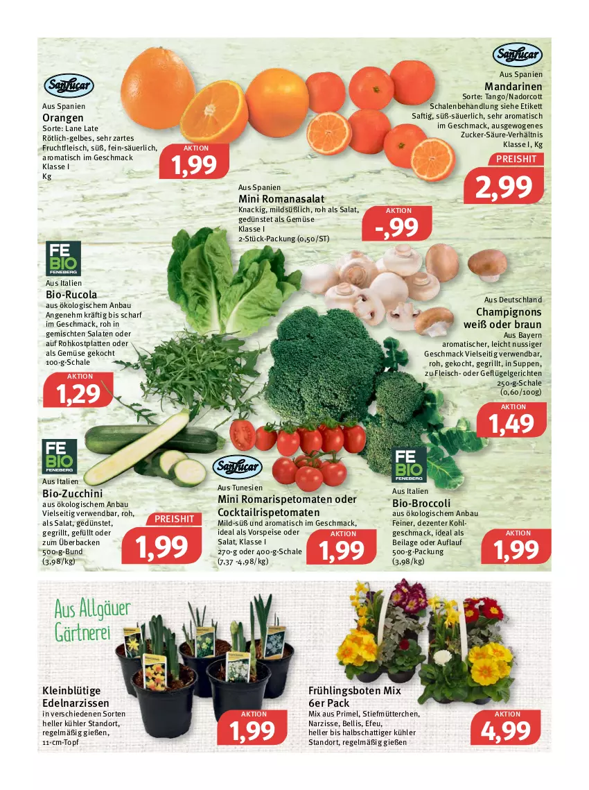 Aktueller Prospekt Feneberg - Prospekte - von 10.03 bis 12.03.2022 - strona 7 - produkty: Bau, bio, bio-zucchini, braun, broccoli, champignon, champignons, cocktail, cola, eis, elle, ente, fleisch, frucht, fruchtfleisch, Geflügel, grill, ilag, latte, LG, mac, mandarine, mandarinen, Narzissen, nuss, orange, orangen, reis, Romanasalat, rucola, rwe, saft, salat, salate, Schal, Schale, suppe, suppen, Ti, tisch, tomate, tomaten, topf, vorspeise, zucchini, zucker