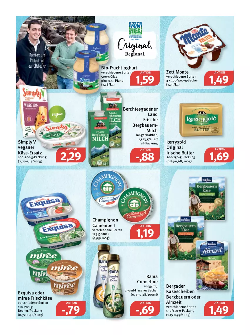 Aktueller Prospekt Feneberg - Prospekte - von 10.03 bis 12.03.2022 - strona 8 - produkty: auer, Bau, Bauer, Becher, bergader, bio, butter, camembert, champignon, creme, exquisa, flasche, frischkäse, frucht, fruchtjoghurt, gin, irische butter, joghur, joghurt, Käse, käsescheiben, kerrygold, milch, miree, monte, rama, rama cremefine, sim, Ti, zott, Zott Monte