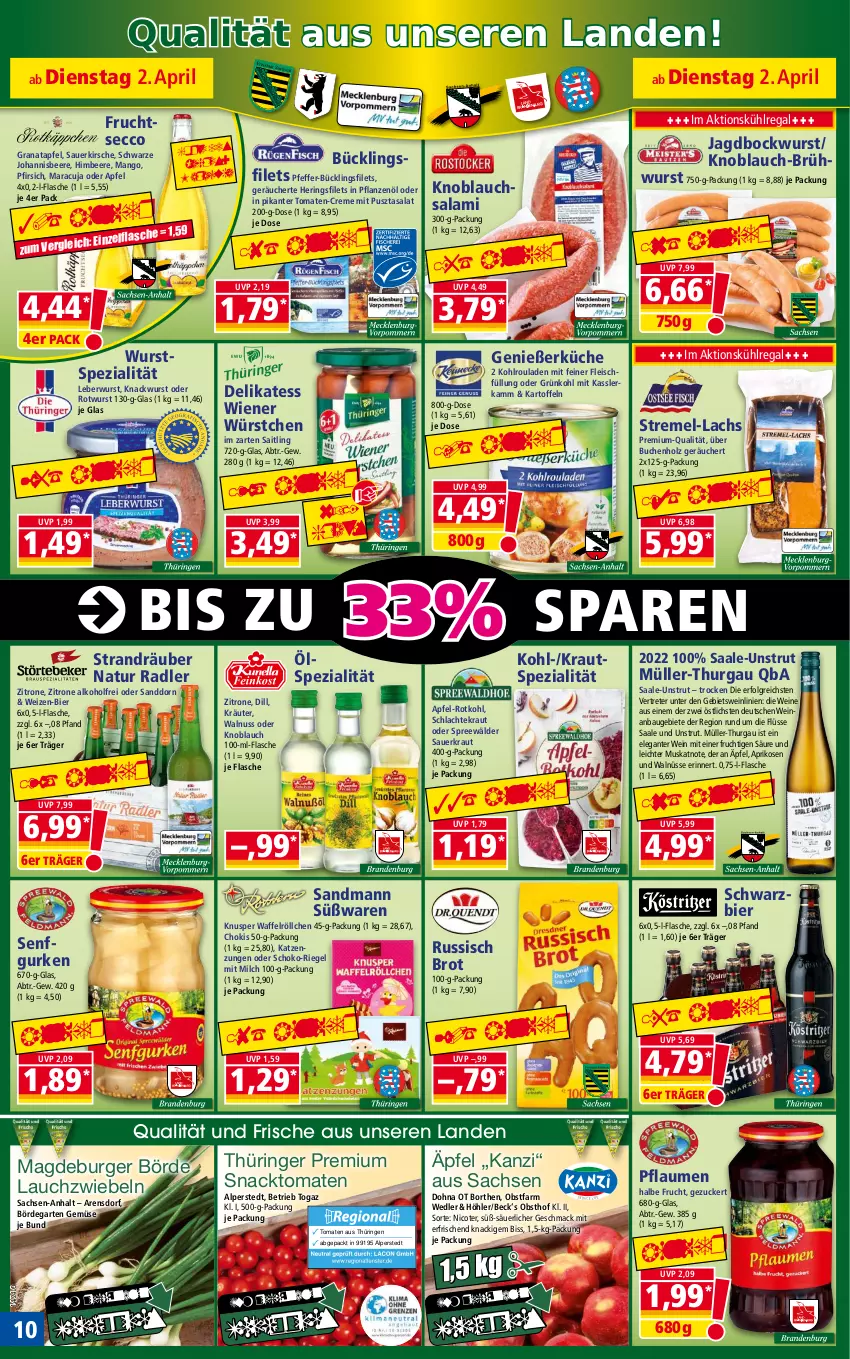 Aktueller Prospekt Norma - Norma - von 02.04 bis 09.04.2024 - strona 10 - produkty: alkohol, apfel, aprikose, aprikosen, auer, Bau, beere, bier, bockwurst, brot, buch, burger, creme, ecco, eis, filet, filets, flasche, fleisch, frucht, fruchtsecco, Garten, grana, granatapfel, gurke, gurken, hering, Herings, heringsfilets, himbeer, himbeere, Holz, im zarten saitling, johannisbeere, kartoffel, kartoffeln, Kasslerkamm, kirsch, kirsche, knoblauch, Knoblauchsalami, Kohlrouladen, Kraut, kräuter, küche, kühlregal, lachs, Lauchzwiebel, lauchzwiebeln, leberwurst, LG, mac, mango, maracuja, milch, Müller, Müller-Thurgau, natur, natur radler, nuss, obst, pfeffer, pfirsich, pflanze, pflanzen, Pflanzenöl, pflaume, pflaumen, pril, Pusztasalat, radler, Rana, regal, reis, riegel, ring, rotkohl, Rotwurst, rouladen, russisch brot, sac, salami, salat, sanddorn, Sauerkraut, schoko, senf, snack, Spezi, spreewälder, Ti, tiefpreis, tomate, tomaten, Waffelröllchen, walnuss, wein, weine, wiener, wiener würstchen, wurst, würstchen, zitrone, zucker, zwiebel, zwiebeln