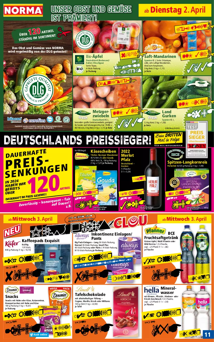 Aktueller Prospekt Norma - Norma - von 02.04 bis 09.04.2024 - strona 11 - produkty: alkohol, Alwa, apfel, auer, bio, Birnen, Cognac, eis, elle, erde, flasche, frucht, fruchtsaft, fruchtsaftgetränk, Gemüsezwiebel, getränk, gouda, gurke, gurken, himbeer, kaffee, kaffeepads, Käse, käsescheiben, kirsch, korn, kühlregal, Langkornreis, LG, Maasdam, maasdamer, mac, mandarine, mandarinen, merl, merlot, mineralwasser, minze, nuss, obst, Obst und Gemüse, Pants, pfirsich, pril, regal, reis, reiss, saft, salat, salate, schoko, schokolade, snack, snacks, spitzen-langkorn, tafelschokolade, Tasche, taschen, Ti, tiefpreis, Tilsiter, und gemüse, vita, wasser, Wild, zwiebel, zwiebeln