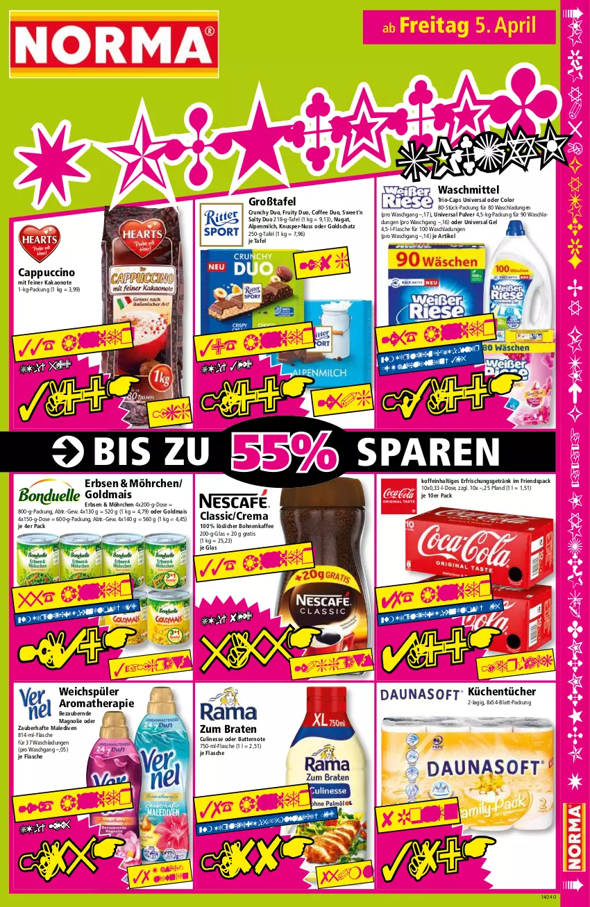 Aktueller Prospekt Norma - Norma - von 02.04 bis 09.04.2024 - strona 15 - produkty: alpenmilch, bohne, bohnen, bohnenkaffee, braten, butter, Cap, cappuccino, cin, culinesse, erbsen, erfrischungsgetränk, flasche, getränk, Goldmais, kaffee, kakao, küche, Küchen, küchentücher, löslicher bohnenkaffee, mais, milch, nuss, pril, Ti, tücher, universal gel, universal pulver, waschmittel, weichspüler