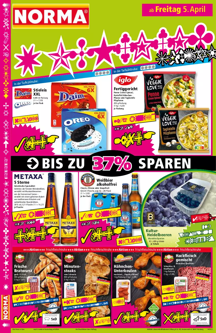 Aktueller Prospekt Norma - Norma - von 02.04 bis 09.04.2024 - strona 16 - produkty: alkohol, beere, beeren, bier, bratwurst, creme, eis, elle, fertiggericht, flasche, fleisch, grapefruit, hackfleisch, hackfleisch gemischt, heidelbeere, heidelbeeren, kartoffel, kräuter, kräutern, lebensmittel, paprika, penne, pfanne, pril, reis, rind, rindfleisch, rosen, rwe, Schal, Schale, schwein, schweine, Spezi, steak, steaks, stieleis, tagliatelle, teller, Ti, tiefpreis, wein, weine, wurst, zitrone