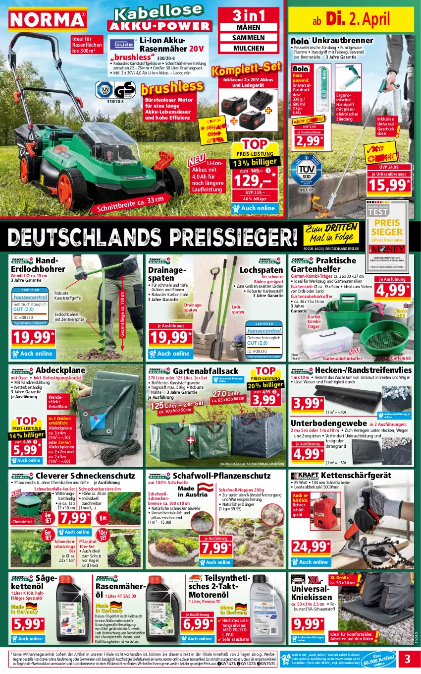 Aktueller Prospekt Norma - Norma - von 02.04 bis 09.04.2024 - strona 3 - produkty: abdeckplane, akku, auer, bürste, bürsten, dünger, eis, elle, erde, Garten, gin, Kette, kissen, Kniekissen, koffer, kraft, Kraut, ladegerät, lamm, LG, motorenöl, ndk, nivea, pflanze, pflanzen, pril, rasen, rasenmäher, Rauch, reifen, reis, reiss, ring, sac, säge, senf, Spaten, Spezi, Ti, tisch, tuner, wasser, werkzeug, wolle, ZTE