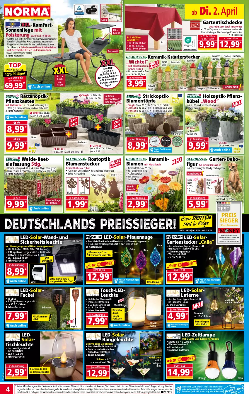 Aktueller Prospekt Norma - Norma - von 02.04 bis 09.04.2024 - strona 4 - produkty: arla, auer, basilikum, batterie, batterien, Bebe, blume, blumen, braun, decke, Dekofigur, dell, eis, elle, Garten, gartentisch, gin, gsw, Hängeleuchte, Holz, hörnchen, kissen, kraft, kräuter, lack, Lacke, lamm, Lampe, laterne, leds, Leuchte, LG, Liege, Mett, minze, Mode, natur, ndk, orange, petersilie, Pfau, Pflanzkasten, pril, reis, reiss, Ria, rosmarin, rückenlehne, Schmetterling, schnittlauch, Solarfackel, sonnenliege, Spiele, Tasche, Ti, tisch, tischdecke, tischleuchte, und gemüse, Untersetzer, usb, wasser, Wichtel, Zelt, ZTE