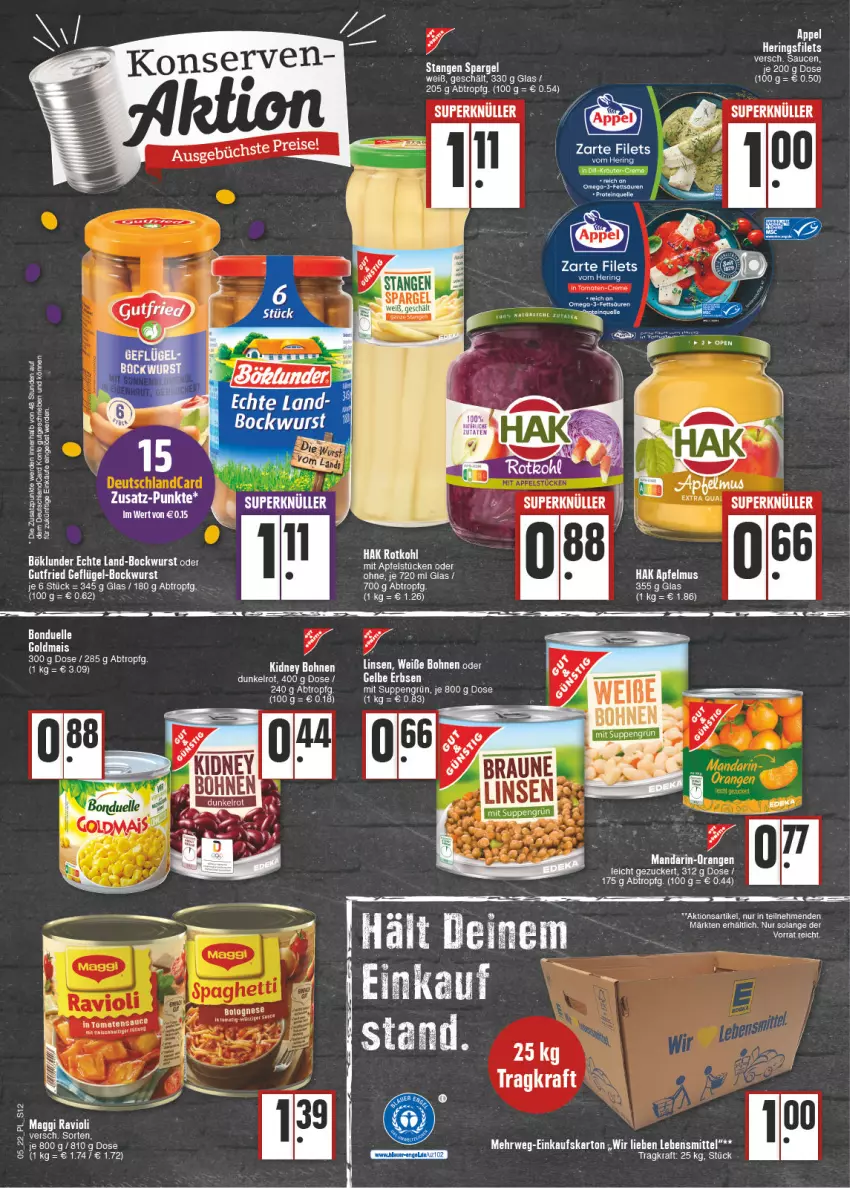 Aktueller Prospekt E Center - Angebote der Woche - von 31.01 bis 05.02.2022 - strona 12 - produkty: apfel, apfelmus, auer, bockwurst, bohne, bohnen, böklunder, bonduelle, Brei, creme, deutschlandcard, elle, erde, filet, filets, Goldmais, hering, Herings, heringsfilets, kidney, kidney bohnen, kraft, linsen, mais, omega, Omega-3, ring, sauce, saucen, spargel, suppe, suppen, tee, Ti, Weiße Bohnen, wurst, zucker