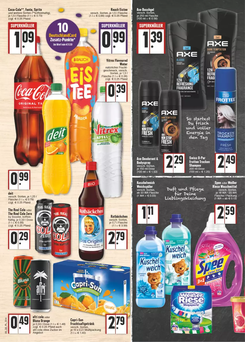 Aktueller Prospekt E Center - Angebote der Woche - von 31.01 bis 05.02.2022 - strona 14 - produkty: Afri Cola, angebot, axe, Cap, capri-sun, coca-cola, cola, deit, deo, deodorant, eis, eistee, fanta, flasche, frucht, fruchtsaft, fruchtsaftgetränk, getränk, gin, Kette, Kuschelweich, mac, orange, Rauch, saft, spee, sprite, tee, Ti, vitrex, waschmittel, weichspüler, zucker