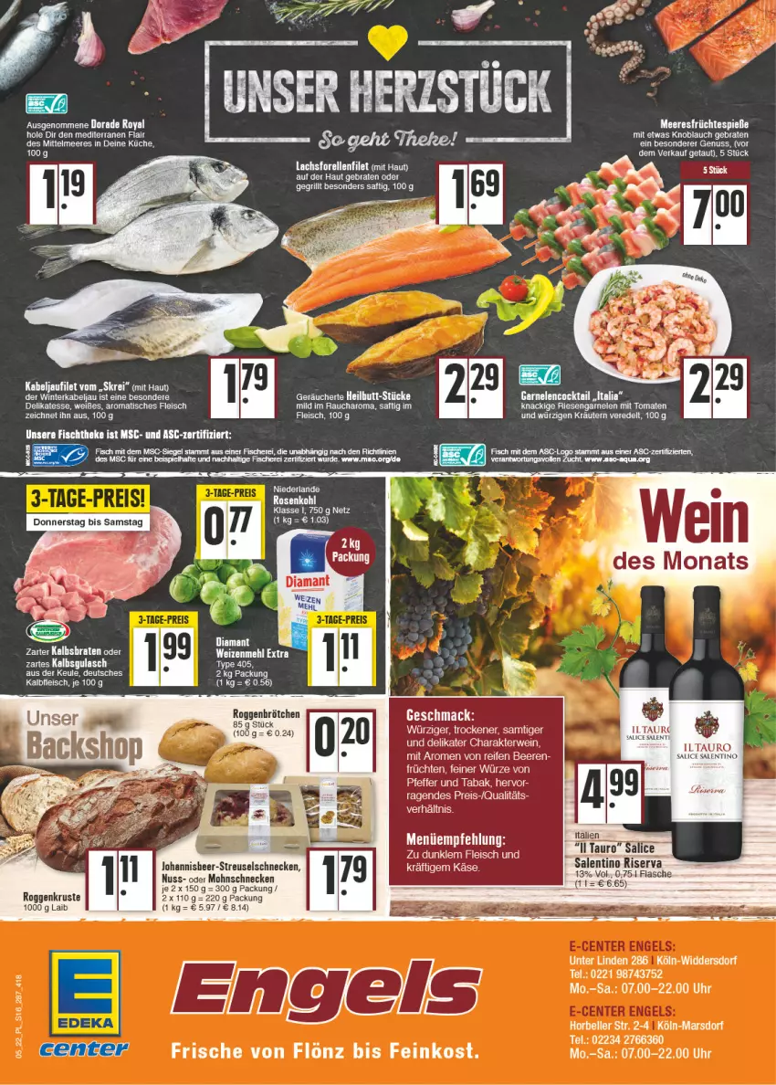 Aktueller Prospekt E Center - Angebote der Woche - von 31.01 bis 05.02.2022 - strona 16 - produkty: aqua, braten, brötchen, Dorade, dorade royal, eis, feinkost, filet, fisch, fische, Fischer, fischtheke, flasche, fleisch, früchte, früchten, garnelen, grill, gulasch, kabeljaufilet, knoblauch, kräuter, kräutern, küche, mac, meeresfrüchte, mehl, nuss, pfeffer, Rauch, reis, riesengarnelen, riserva, roggenbrötchen, saft, Schere, Ti, tisch, tomate, tomaten, uhr, wein, weine, weizenmehl