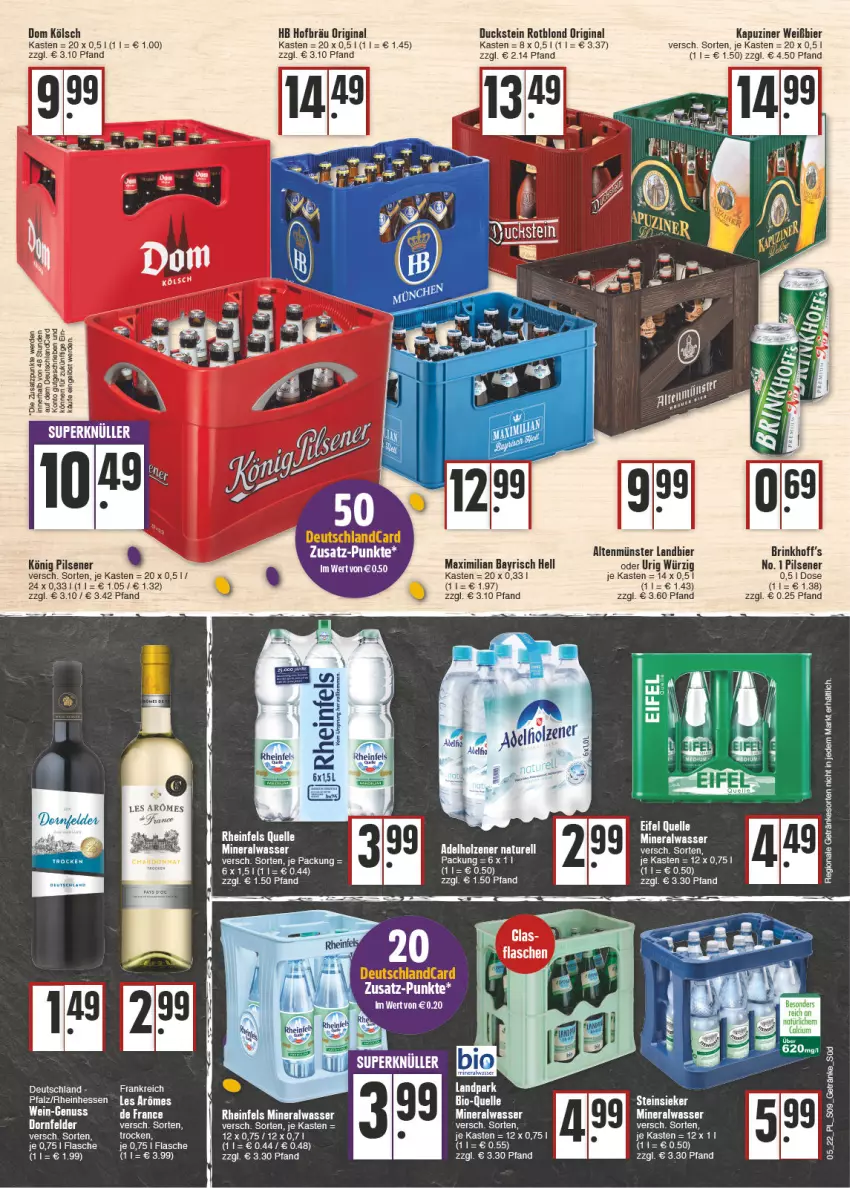 Aktueller Prospekt E Center - Angebote der Woche - von 31.01 bis 05.02.2022 - strona 9 - produkty: adelholzener, Altenmünster, Alwa, bier, bio, deutschlandcard, Duck, elle, erde, flasche, getränk, getränke, gin, Holz, könig pilsener, mineralwasser, natur, nuss, pils, pilsener, rel, rheinfels quelle, rum, Steinsieker, wasser, wein