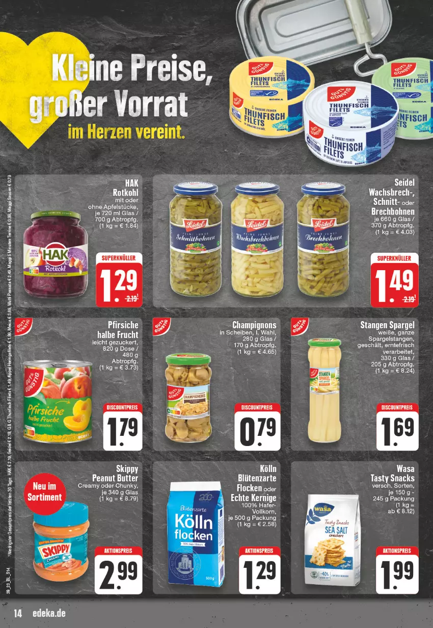 Aktueller Prospekt Edeka - Angebote der Woche - von 25.09 bis 30.09.2023 - strona 14 - produkty: aktionspreis, apfel, Blüte, Brei, champignon, champignons, deka, discount, eis, filet, filets, fisch, hafer, hering, Herings, heringsfilets, kölln, korn, leine, maggi, meica, Mutti, pfirsich, pfirsiche, reis, ring, sauce, saucen, snack, snacks, spargel, terrine, thunfisch, thunfisch filets, Ti