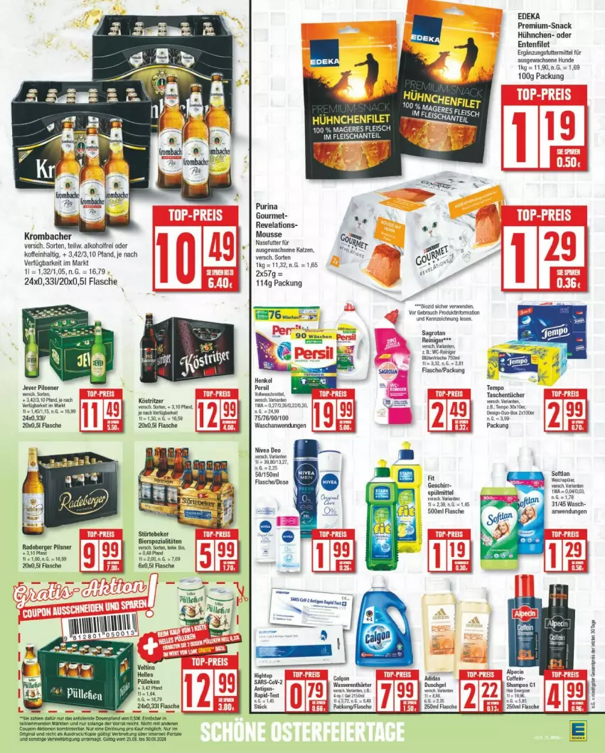 Aktueller Prospekt Edeka - Prospekte - von 25.03 bis 30.03.2024 - strona 15 - produkty: acer, alkohol, alpecin, Berger, bier, bierspezialitäten, cin, coupon, deka, deo, eis, ente, filet, flasche, jever, jever pilsener, krombache, krombacher, mousse, nassfutter, nivea, pils, pilsener, pilsner, purina, radeberger, radeberger pilsner, Rauch, rwe, sagrotan, shampoo, snack, Spezi, Ti, wasser, wasserenthärter