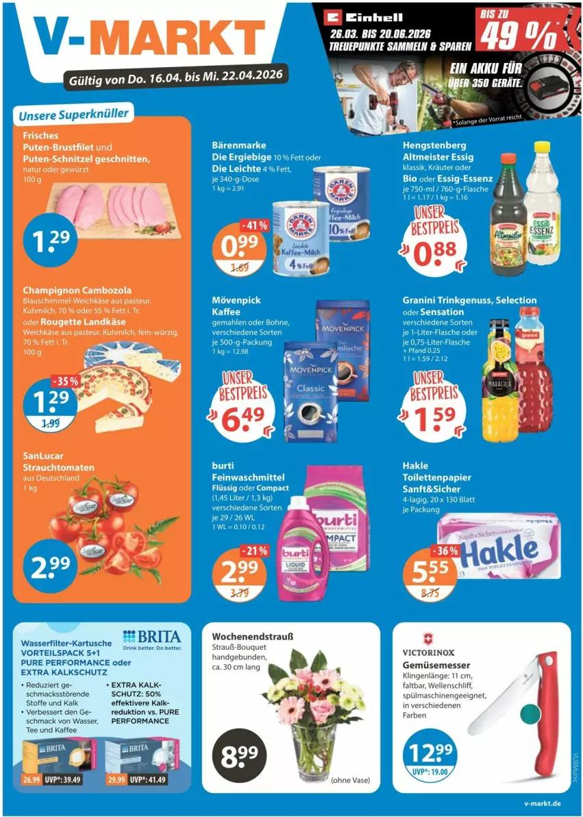 Aktueller Prospekt Vmarkt - Prospekte - von 16.04 bis 22.04.2026 - strona 1 - produkty: bestpreis, bett, brustfilet, cambozola, champignon, drink, eis, elle, filet, gewürz, kaffee, Käse, mac, messer, milch, natur, pute, Rauch, reis, schnitten, schnitzel, spülmaschinen, strauchtomaten, tee, Ti, tomate, tomaten, wasser, wasserfilter, weichkäse