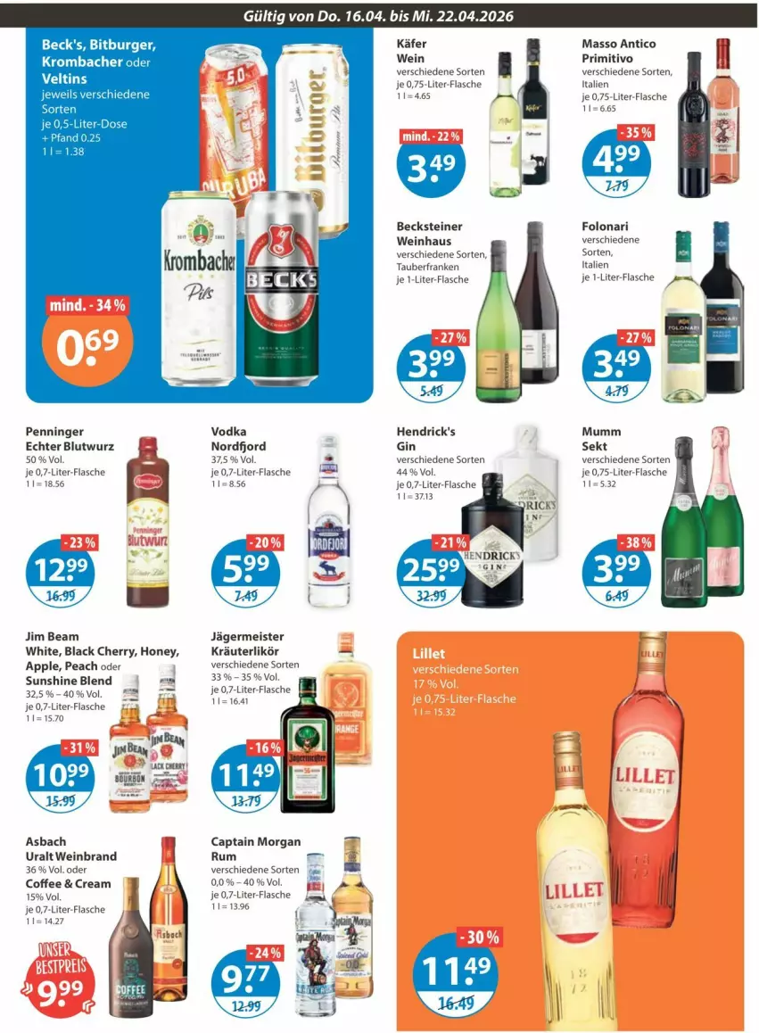 Aktueller Prospekt Vmarkt - Prospekte - von 16.04 bis 22.04.2026 - strona 13 - produkty: Apple, beck's, becks, becksteiner, bitburger, burger, Cap, captain morgan, eis, flasche, Germ, gin, jägermeister, je 1-liter-flasche, jim beam, käfer, kräuter, kräuterlikör, krombache, krombacher, lack, likör, Meister, primitivo, rum, sekt, steiner, sunshine, Ti, vodka, wein, weinbrand